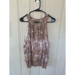 Cache Womens XL Paisley Beaded Halter Top Pink Brown Smocked Hem Blouse NWT
